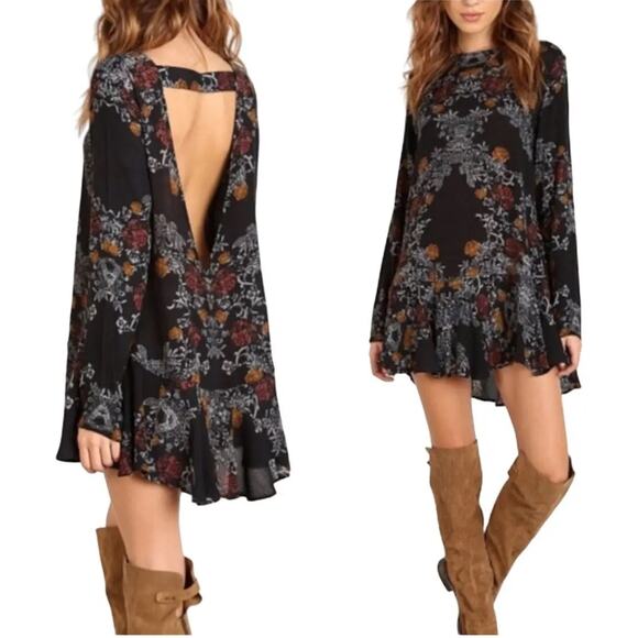 Free People Smooth Talker Black Floral Open Back Tunic Mini Dress Womens Small - Picture 1 of 8
